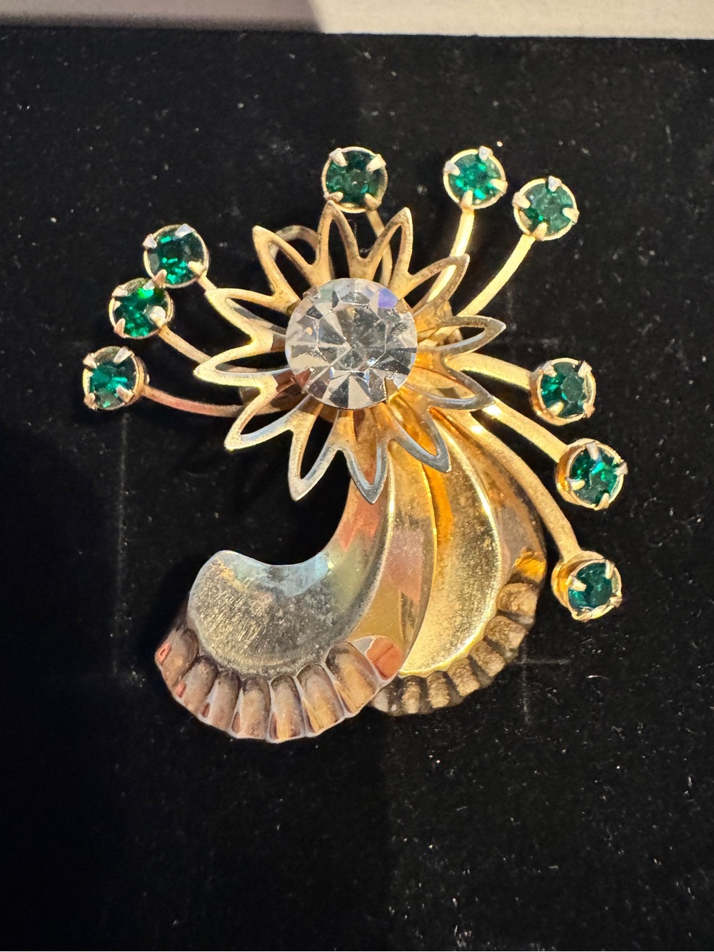 Vintage Gold-Tone Brooch with Green and Clear Stones